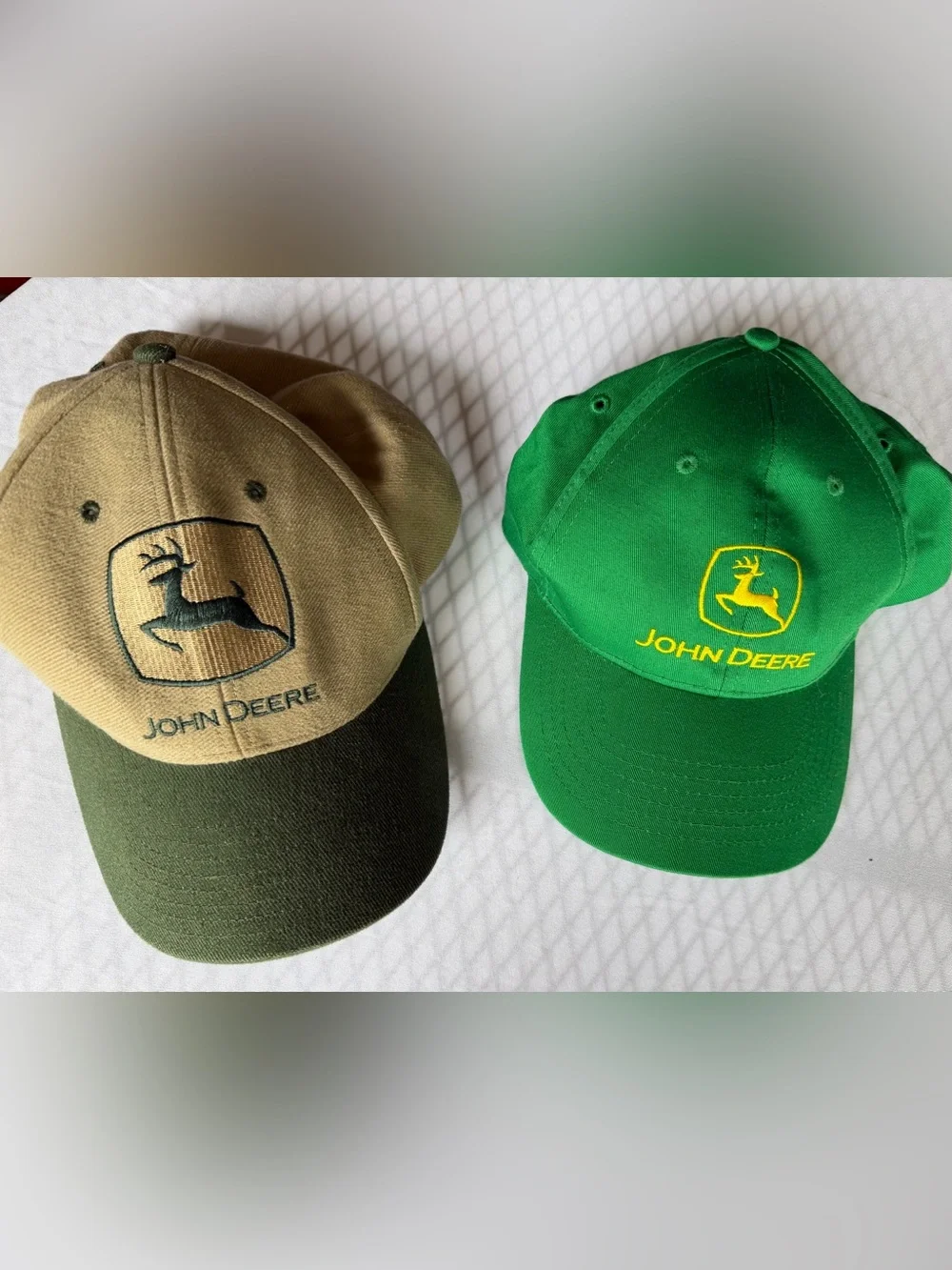 John Deere Embroidered Snapback Hat Lot of 2 Green Tan Adjustable Cap